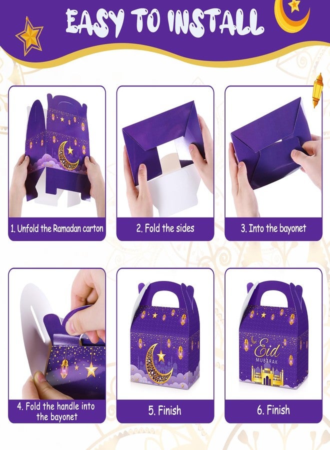 TaoBary 24 Pack Ramadan Treat Boxes Eid Mubarak Gift Boxes Mosque Star Moon Lantern Party Favor with Handle Bulk Ramadan Goodie Candy Bag for Eid Al Fitr Packages Supplies(Purple - Image 4