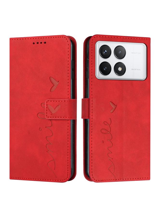 The Bros Case For Xiaomi Redmi K70E Skin Feel Heart Embossed Leather Phone Case with Long Lanyard