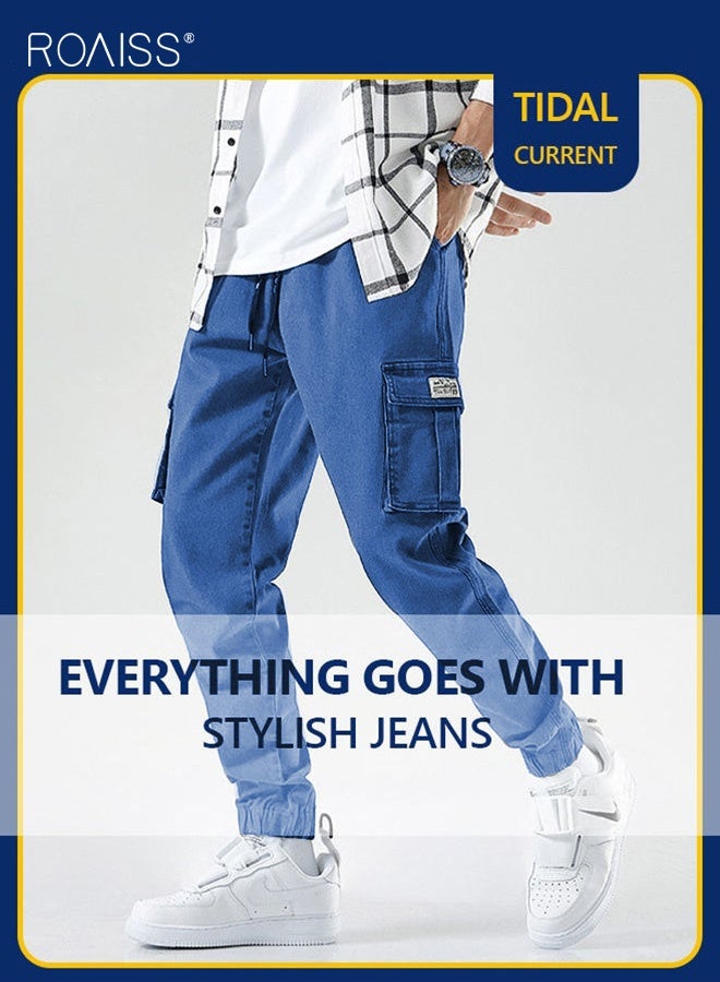 رويس بنطلون كارغو رجالي، بنطلون كاجوال فضفاض، جينز مربوط عند الكاحل برباط مطاطي، مناسب لأنواع الجسم المختلفة، بنطلون مريح للتمرين، جيوب متعددة، أزرق - Image 3