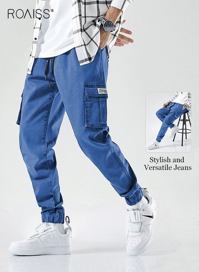 رويس بنطلون كارغو رجالي، بنطلون كاجوال فضفاض، جينز مربوط عند الكاحل برباط مطاطي، مناسب لأنواع الجسم المختلفة، بنطلون مريح للتمرين، جيوب متعددة، أزرق - Image 2