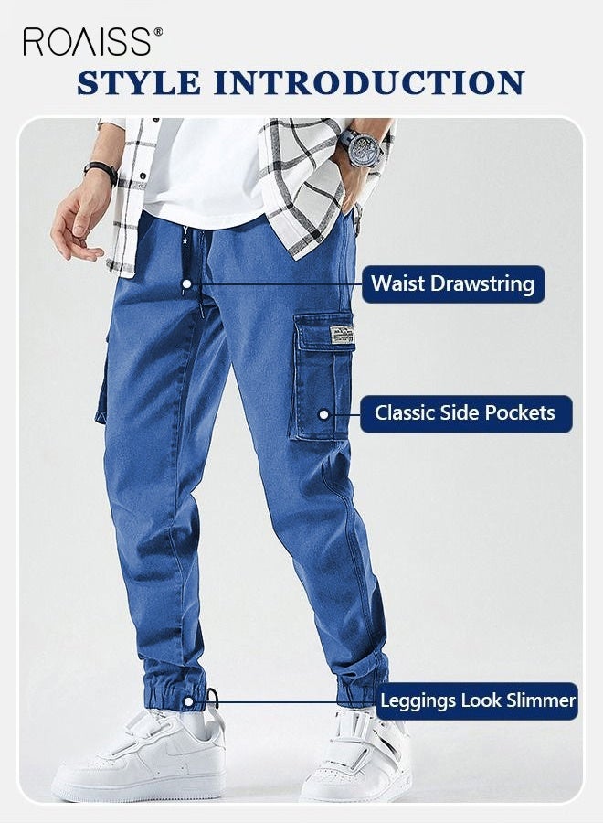 رويس بنطلون كارغو رجالي، بنطلون كاجوال فضفاض، جينز مربوط عند الكاحل برباط مطاطي، مناسب لأنواع الجسم المختلفة، بنطلون مريح للتمرين، جيوب متعددة، أزرق - Image 5