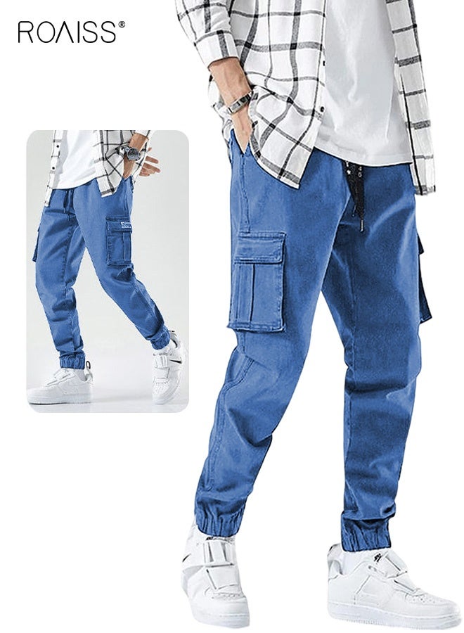 رويس بنطلون كارغو رجالي، بنطلون كاجوال فضفاض، جينز مربوط عند الكاحل برباط مطاطي، مناسب لأنواع الجسم المختلفة، بنطلون مريح للتمرين، جيوب متعددة، أزرق - Image 1