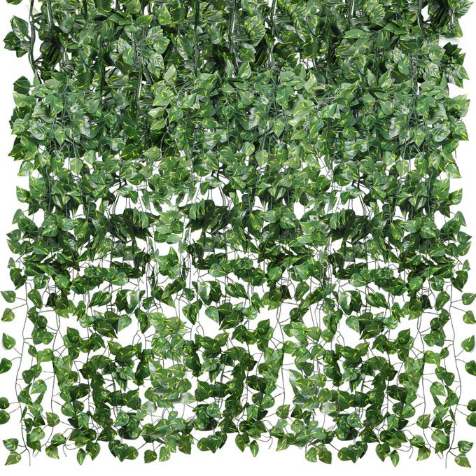 48 PACK 7 FEET ARTIFICIAL IVY GARLANDS FAKE VINES GREENERY HANGING PLANTS GREEN LEAVES BACKDROP FOR ROOM BEDROOM WALL DECOR JUNGLE THEMED PARTY WEDDING DECORATIONS