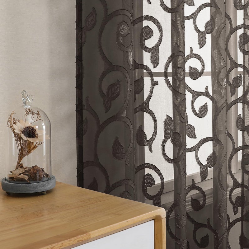 OWENIE Furman Chocolate Sheer Curtains 84 inches Long for Bedroom Living Room 2 Panels Set, Light Filtering Sheer Curtain with Elegant Clip Jacquard, Rod Pocket Window Treatments, 2 Pcs = 80" Width - Image 4