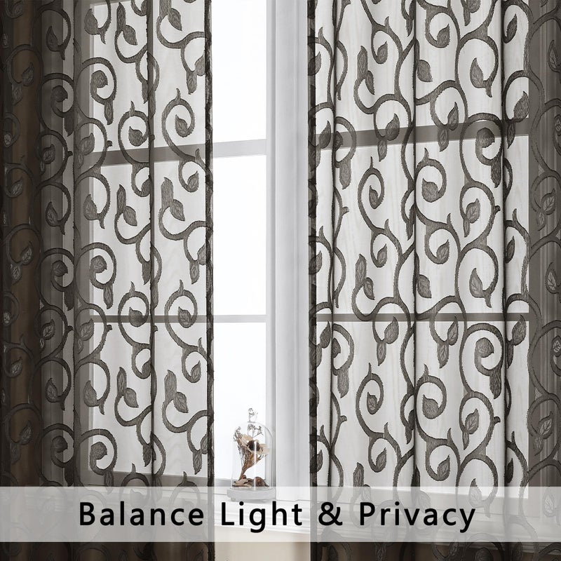 OWENIE Furman Chocolate Sheer Curtains 84 inches Long for Bedroom Living Room 2 Panels Set, Light Filtering Sheer Curtain with Elegant Clip Jacquard, Rod Pocket Window Treatments, 2 Pcs = 80" Width - Image 3