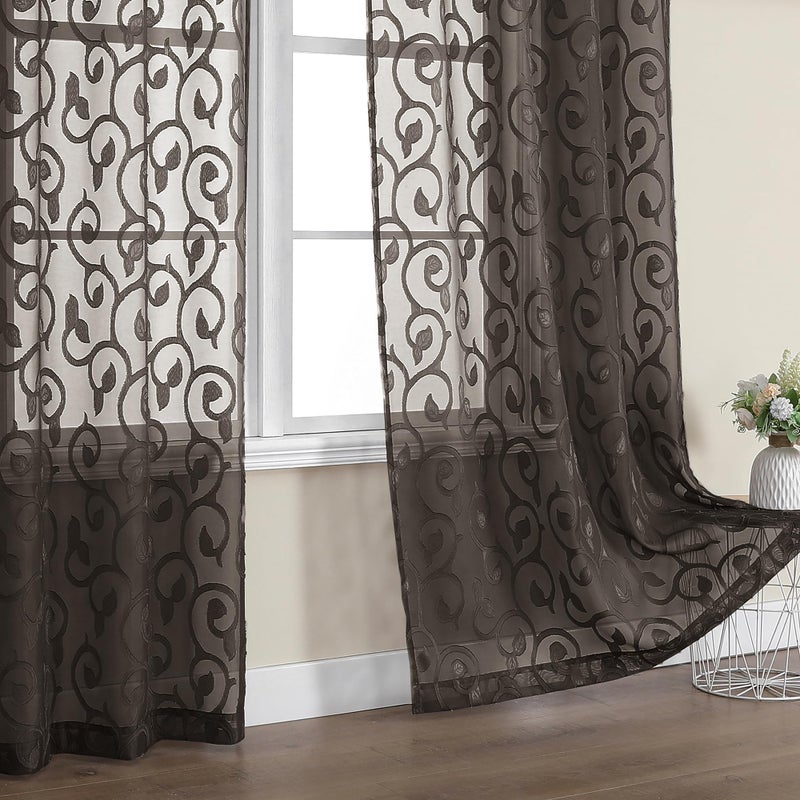 OWENIE Furman Chocolate Sheer Curtains 84 inches Long for Bedroom Living Room 2 Panels Set, Light Filtering Sheer Curtain with Elegant Clip Jacquard, Rod Pocket Window Treatments, 2 Pcs = 80" Width - Image 1
