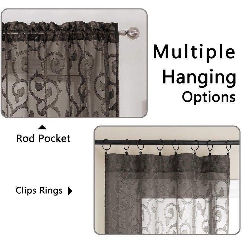 OWENIE Furman Chocolate Sheer Curtains 84 inches Long for Bedroom Living Room 2 Panels Set, Light Filtering Sheer Curtain with Elegant Clip Jacquard, Rod Pocket Window Treatments, 2 Pcs = 80" Width - Image 5
