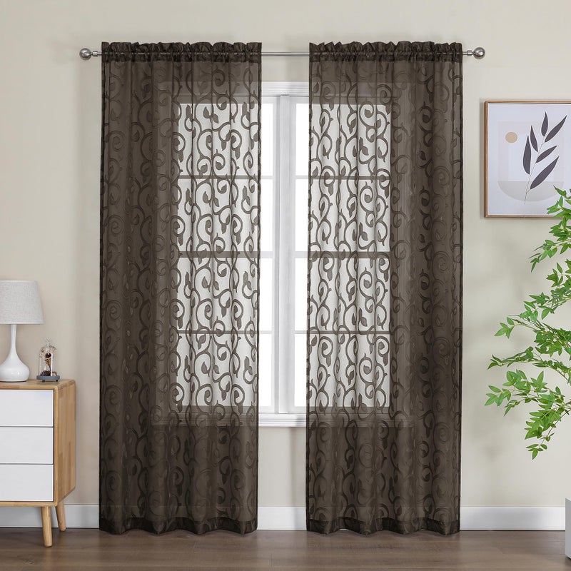 OWENIE Furman Chocolate Sheer Curtains 84 inches Long for Bedroom Living Room 2 Panels Set, Light Filtering Sheer Curtain with Elegant Clip Jacquard, Rod Pocket Window Treatments, 2 Pcs = 80" Width - Image 2
