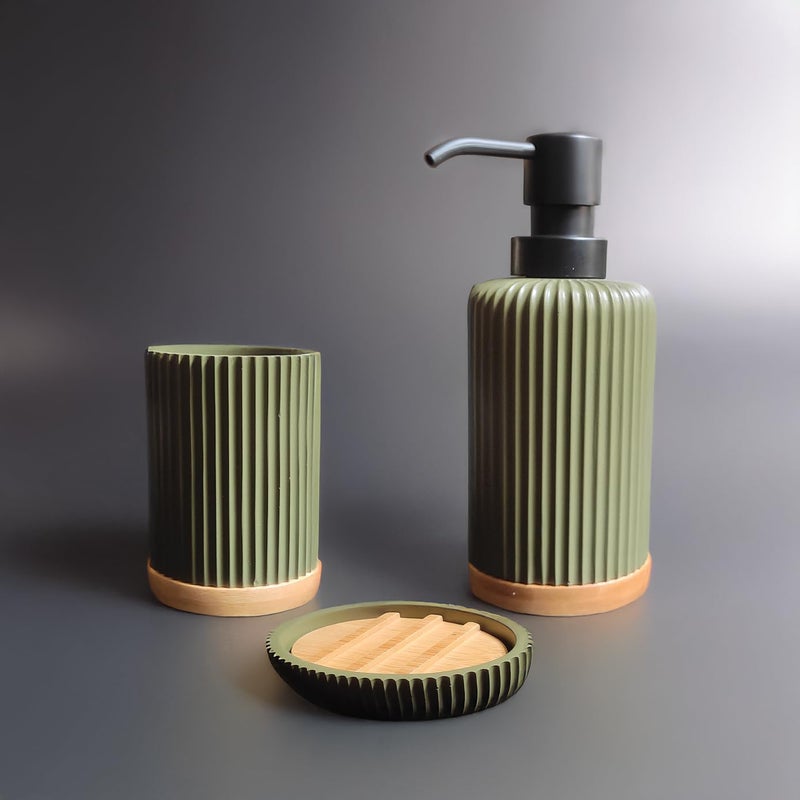 iBELL Polyresin Bathroom Set of 3 Pcs - Soap Dispenser,Tumbler, Soap Dish for Bathroom Decor and Home Gift Set,Green Textured - Image 1
