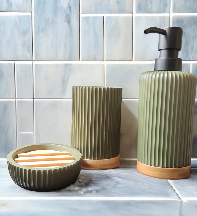 iBELL Polyresin Bathroom Set of 3 Pcs - Soap Dispenser,Tumbler, Soap Dish for Bathroom Decor and Home Gift Set,Green Textured - Image 3