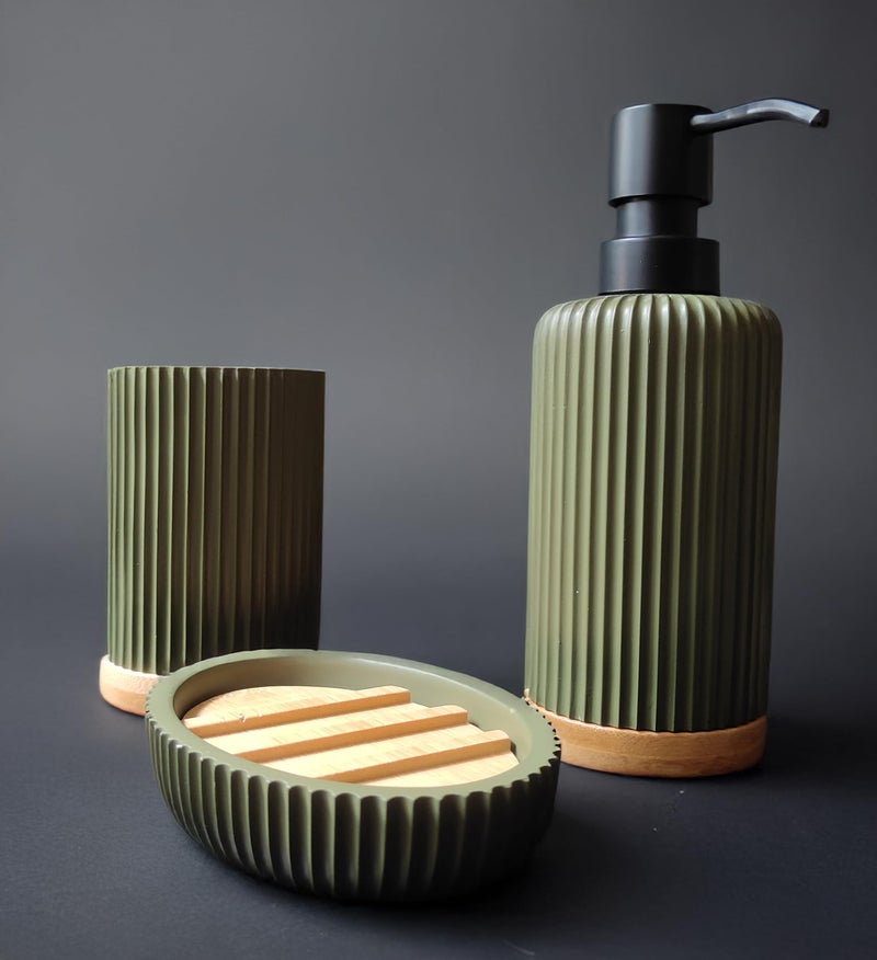 iBELL Polyresin Bathroom Set of 3 Pcs - Soap Dispenser,Tumbler, Soap Dish for Bathroom Decor and Home Gift Set,Green Textured - Image 2