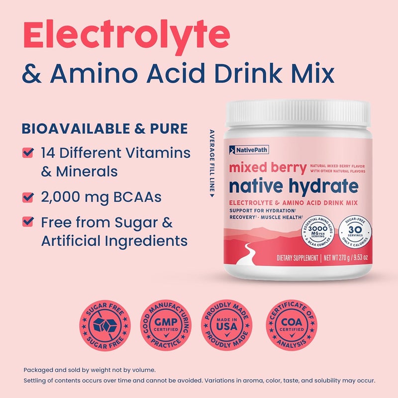 NativePath Native Hydrate Zero Sugar Electrolytes Powder with BCAAs Mixed Berry Hydration Keto  Paleo Friendly 30 Servings - Image 4