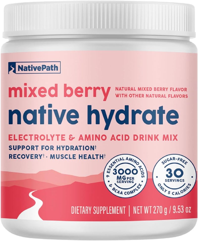 NativePath Native Hydrate Zero Sugar Electrolytes Powder with BCAAs Mixed Berry Hydration Keto  Paleo Friendly 30 Servings - Image 1