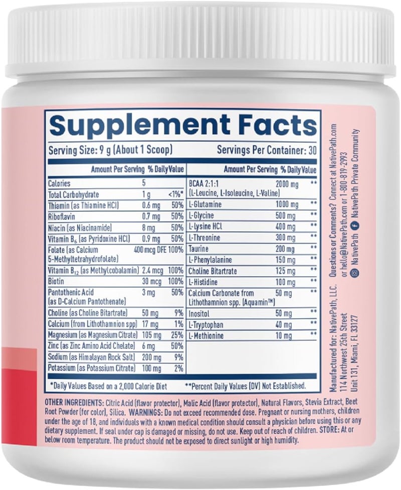 NativePath Native Hydrate Zero Sugar Electrolytes Powder with BCAAs Mixed Berry Hydration Keto  Paleo Friendly 30 Servings - Image 3