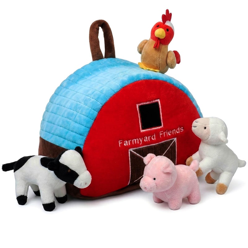 PixieCrush Plush Barn with Farm Animals - Set of 5 - Soft Textiles - Includes 4 Stuffed Farm Animals - Sheep Pig Cow Chicken - Farmyard Carry Bag - Portable and Easy to Carry - Multicolor - Image 1