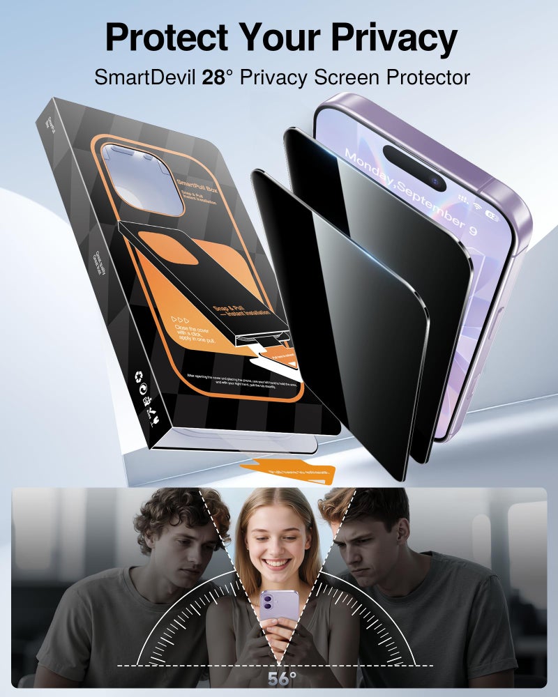SMARTDEVIL 2 Pack Tempered Glass for iPhone 17 Privacy Screen Protector, Military-Grade Shatterproof Protection, 9H Hardness, Anti-Spy Privacy Film, Fast & Easy Installation, Case Friendly Design - Image 2
