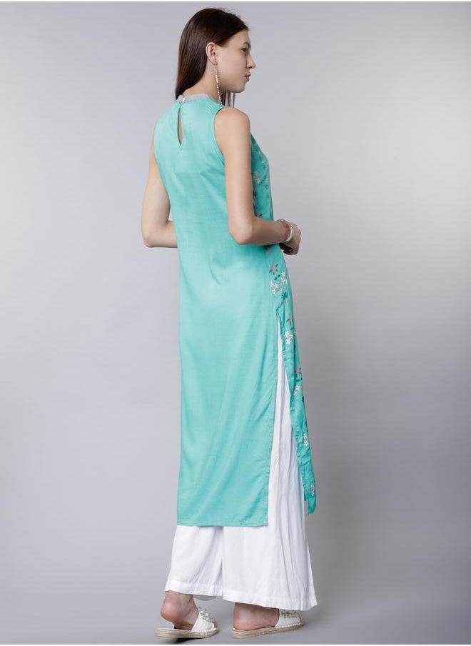 Vishudh Women Sea Green Solid Straight Kurta by Styli  - Image 3