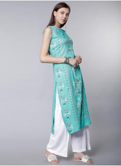 Vishudh Women Sea Green Solid Straight Kurta  - Image 4