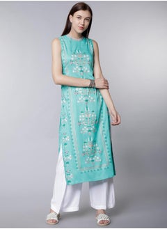 Vishudh Women Sea Green Solid Straight Kurta  - Image 1
