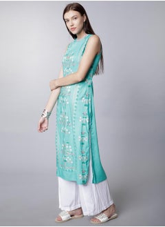 Vishudh Women Sea Green Solid Straight Kurta  - Image 2