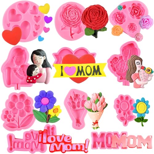 Sitroasho 11 Pcs Valentine's Day & Mother's Day Fondant Mold Set, 3D Mom ， I Love You ，Rose，Tulip，Chocolate Mold Gift Making for Cupcake Cookie Decorating for Wedding Anniversary Mother's Day DIY Candy - Image 1