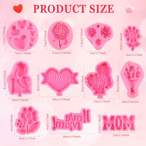 Sitroasho 11 Pcs Valentine's Day & Mother's Day Fondant Mold Set, 3D Mom ， I Love You ，Rose，Tulip，Chocolate Mold Gift Making for Cupcake Cookie Decorating for Wedding Anniversary Mother's Day DIY Candy - Image 2