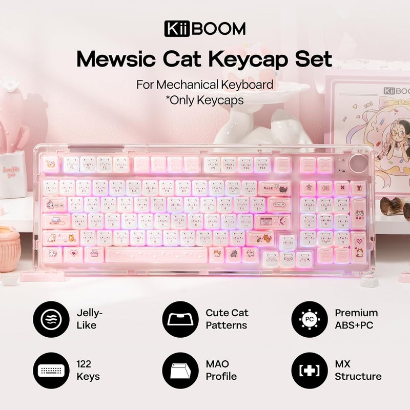 KiiBOOM Cute Cat Keycaps Set, Mao Profile, PBT/PC Keycap for MX Switches Mechanical Keyboard, Compatible with 60%, 65%, 75%, TKL, 96%, Full-Sized Layout (Mewsic) - Image 2