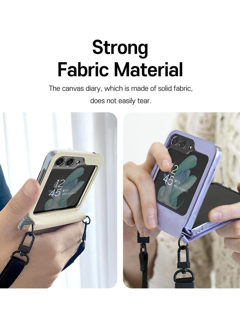 Araree Canvas Diary Case for Samsung Galaxy Z Flip 5 5G with Adjustable Shoulder Strap, Shock-Absorbing Dual-Layer Protection, Hinge Protection, Full Fabric Flip Cover, and Convenient Neck/Shoulder Carry – Black