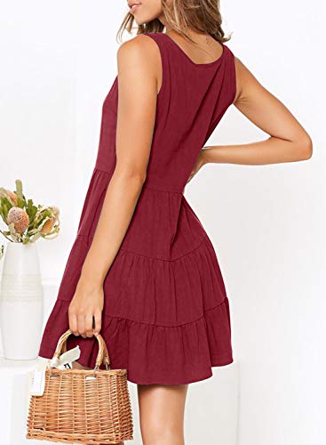 MITILLY Women's Summer Sleeveless V Neck Button Down Casual Pocket Swing Short Dress Large Wine Red - Image 2