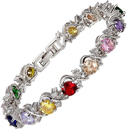 RIZILIA BLOSSOM Round Cut Multi-Color CZ Cubic Zirconia White Gold Plated Tennis Bracelet, 7" - Image 1