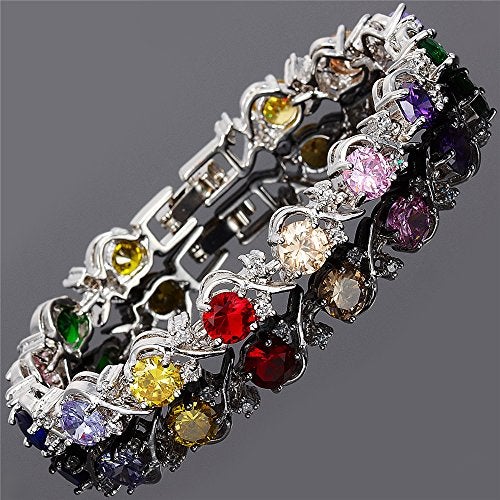 RIZILIA BLOSSOM Round Cut Multi-Color CZ Cubic Zirconia White Gold Plated Tennis Bracelet, 7" - Image 3