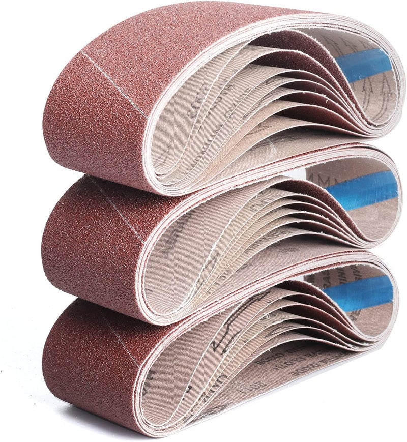 BOSHCRAFT 3×18 Inch Belt Sander Sanding Belt, 21 Pack Belt Sander Paper 40/60/80/120/180/240/400 Grits Assortment Aluminum Oxide Sanding Belts for Belt Sander Knife Sharpening Wood Metal Polishing - Image 1
