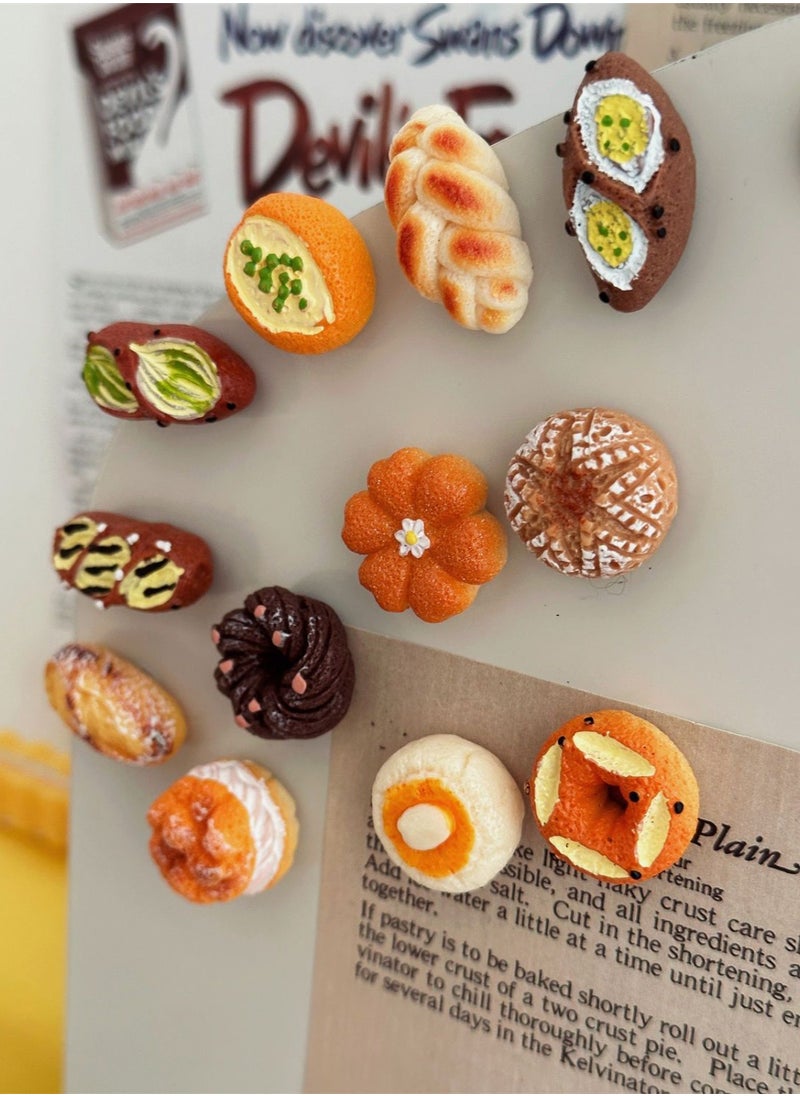 12-Piece Fun 3D Refrigerator Magnet Decoration Simulated Food Alkaline Bread Baking Ornaments Message Stickers for Refrigerators Whiteboards Maps Calendars and Other Magnetic Items