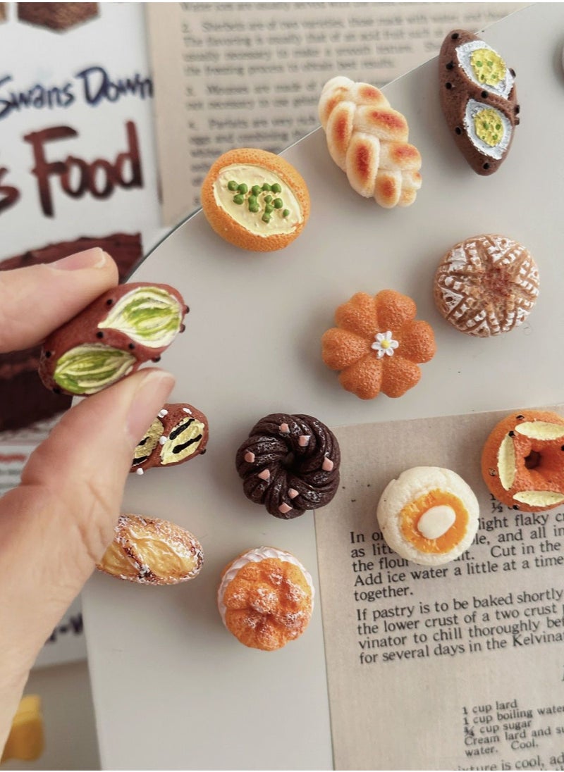 12-Piece Fun 3D Refrigerator Magnet Decoration Simulated Food Alkaline Bread Baking Ornaments Message Stickers for Refrigerators Whiteboards Maps Calendars and Other Magnetic Items