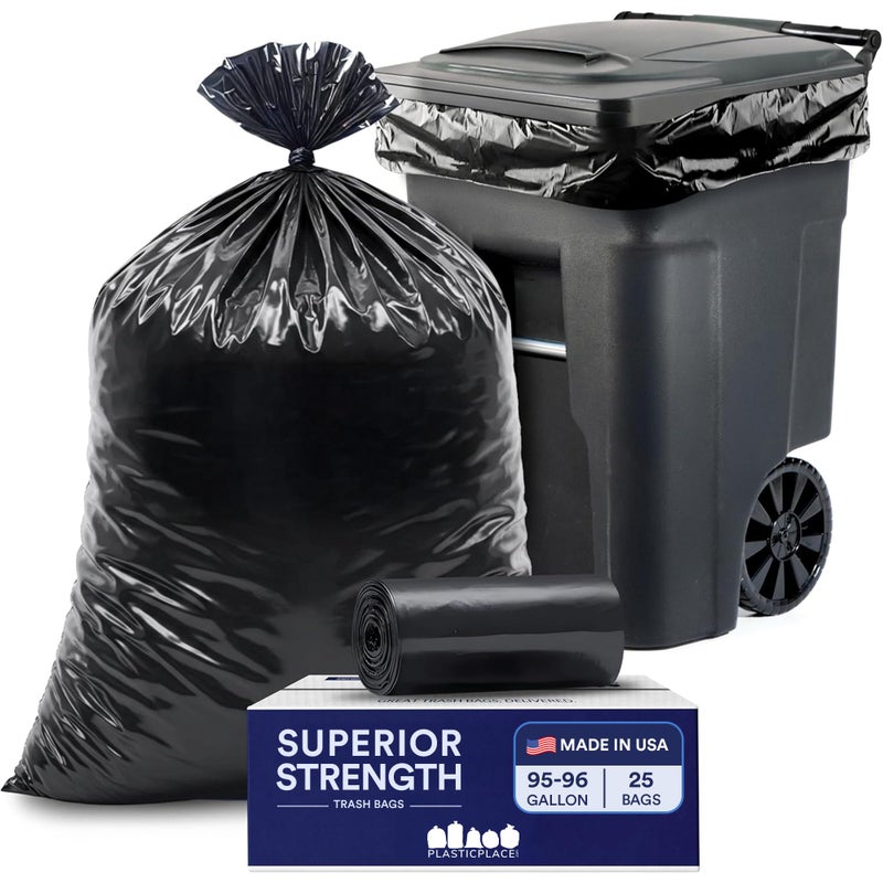 Plasticplace 95-96 Gallon Garbage Can Liners Heavy Duty 1.5 Mil Black Trash Bags Tear-Resistant Outdoor Garbage Bags for Rollaway Bins Large 61" x 68" Industrial-Strength Waste Bags (25 Count) - Image 1