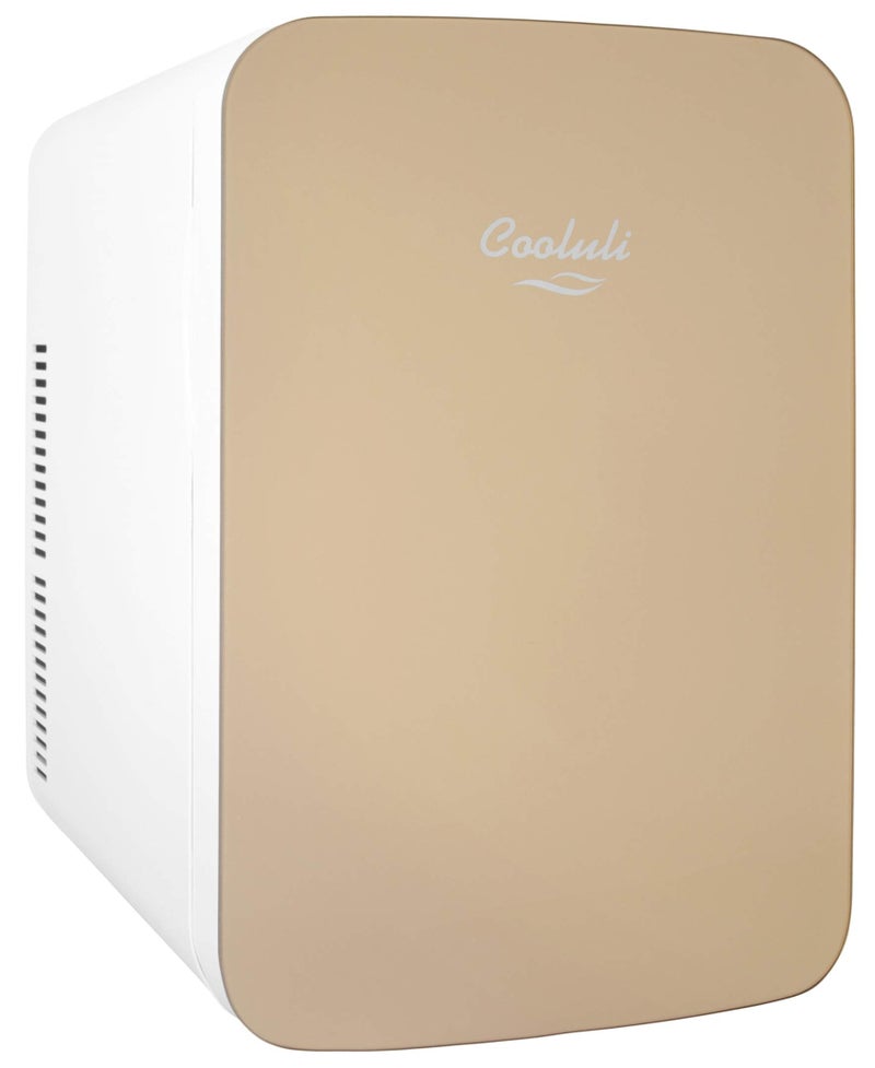 Cooluli 15L Mini Fridge for Bedroom - Car, Office Desk & College Dorm Room - 12v Portable Cooler & Warmer for Food, Drinks, Skincare, Beauty & Makeup - AC/DC Small Refrigerator with Glass Front, Gold - Image 1
