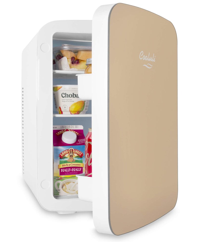 Cooluli 15L Mini Fridge for Bedroom - Car, Office Desk & College Dorm Room - 12v Portable Cooler & Warmer for Food, Drinks, Skincare, Beauty & Makeup - AC/DC Small Refrigerator with Glass Front, Gold - Image 2