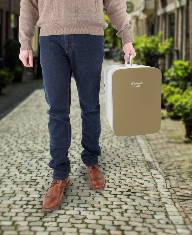 Cooluli 15L Mini Fridge for Bedroom - Car, Office Desk & College Dorm Room - 12v Portable Cooler & Warmer for Food, Drinks, Skincare, Beauty & Makeup - AC/DC Small Refrigerator with Glass Front, Gold - Image 4