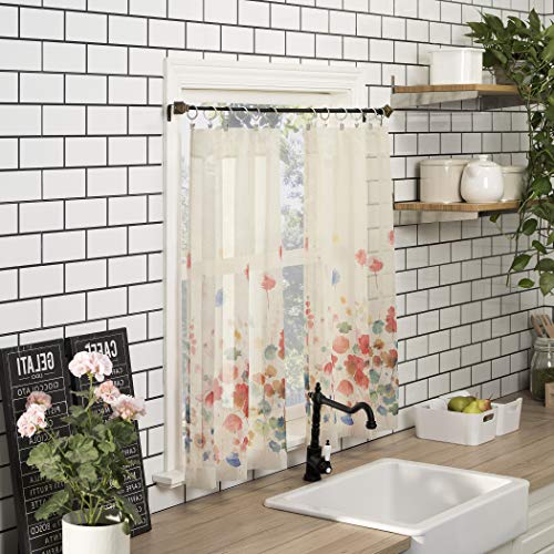 No. 918 Rosalind Watercolor Floral Semi-Sheer Rod Pocket Kitchen Curtain Valance and Tiers Set, 54" x 24", Poppy Red - Image 5