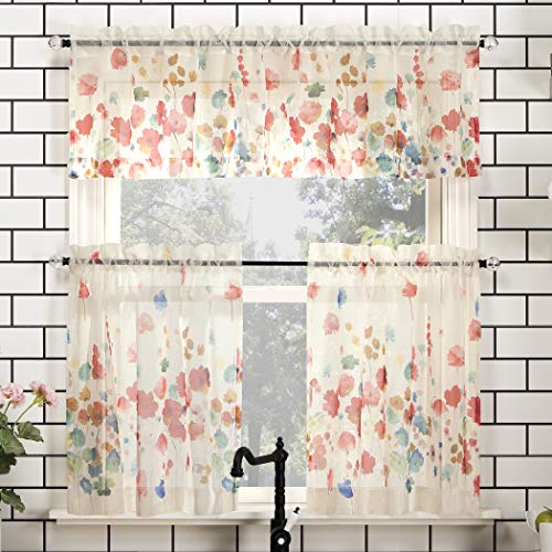 No. 918 Rosalind Watercolor Floral Semi-Sheer Rod Pocket Kitchen Curtain Valance and Tiers Set, 54" x 24", Poppy Red - Image 1