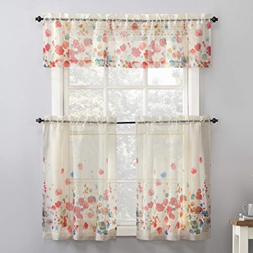 No. 918 Rosalind Watercolor Floral Semi-Sheer Rod Pocket Kitchen Curtain Valance and Tiers Set, 54" x 24", Poppy Red - Image 2