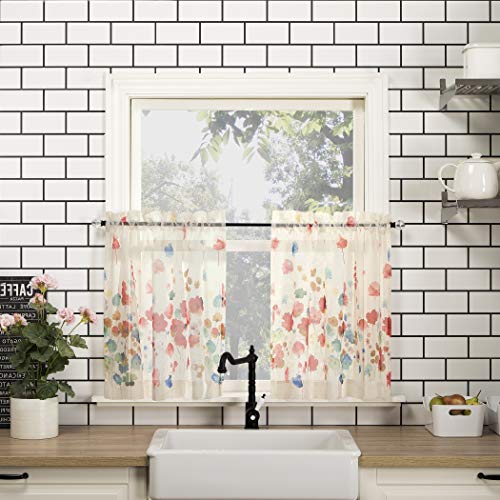 No. 918 Rosalind Watercolor Floral Semi-Sheer Rod Pocket Kitchen Curtain Valance and Tiers Set, 54" x 24", Poppy Red - Image 3