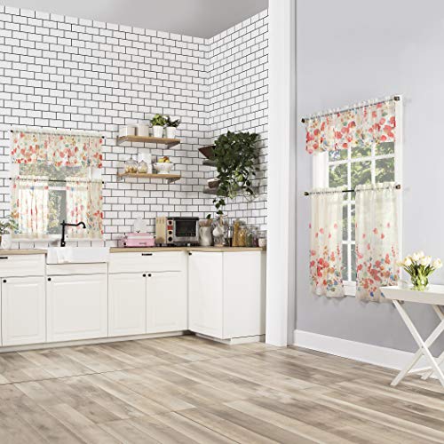 No. 918 Rosalind Watercolor Floral Semi-Sheer Rod Pocket Kitchen Curtain Valance and Tiers Set, 54" x 24", Poppy Red - Image 4