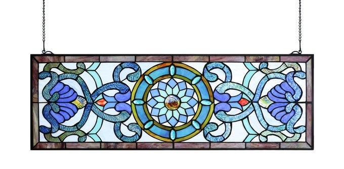 EXTRA LARGE HORIZONTAL 35 INCH BLUE VICTORIAN STAINED GLASS WINDOW PANELS HANGING TRANSOM WINDOW 12 INCH WIDE