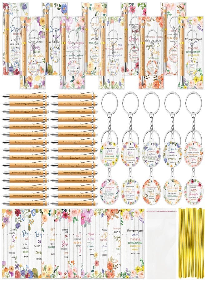 ANGOLIO 230 Spanish Christian Floral Religious Gifts Bulk, Regalos Cristianos En Español Bible Verse Bamboo Pen Keychain Inspirational Bookmark Religious Gift for Teacher Student Church Supplies - Image 1