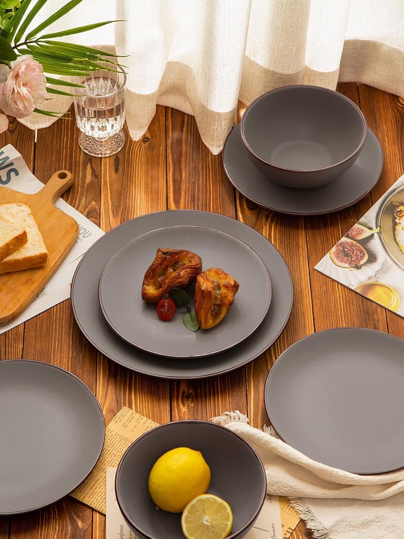 Famiware Venus Ceramic Plates and Bowls Sets Speckled Dinnerware Dish Sets for 4 12 Pieces  Microwave and Dishwasher Safe Matte Dark Grey - Image 5