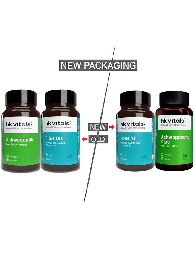 HEALTHKART كبسولات زيت السمك HealthKart hk vitals للرجال والنساء (1000 ملغ أوميغا 3 مع 180 ملغ EPA و 120 ملغ DHA) و Ashwagandha Plus مع مستخلص تولسي 500 ملغ (60 قرص لكل منهما)، حزمة كومبو - Image 2