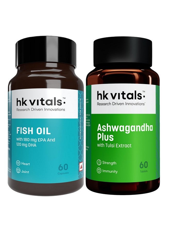 HEALTHKART كبسولات زيت السمك HealthKart hk vitals للرجال والنساء (1000 ملغ أوميغا 3 مع 180 ملغ EPA و 120 ملغ DHA) و Ashwagandha Plus مع مستخلص تولسي 500 ملغ (60 قرص لكل منهما)، حزمة كومبو - Image 1