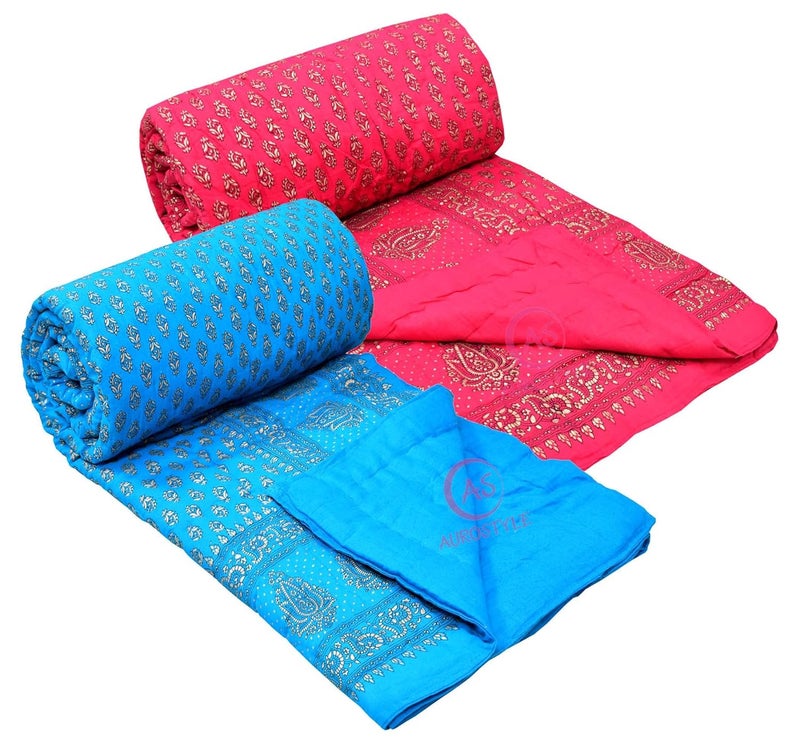 WORLDNEX 400 TC Pure Cotton Jaipuri Design Printed Light Weight Traditional Rajasthani Print Single Bed QuiltRazaiRajai Design 5 Single Bed Set of 2 Combo Set - Image 2