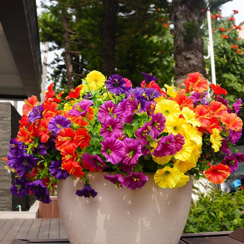 maxkes Artificial Flowers for Outdoors, UV Resistant Fake Silk Morning Glory, Realistic Faux Plants for Outside Porch Patio Window Box Hanging Planter (16, Purple Fuchsia Yellow Orange) - Image 2